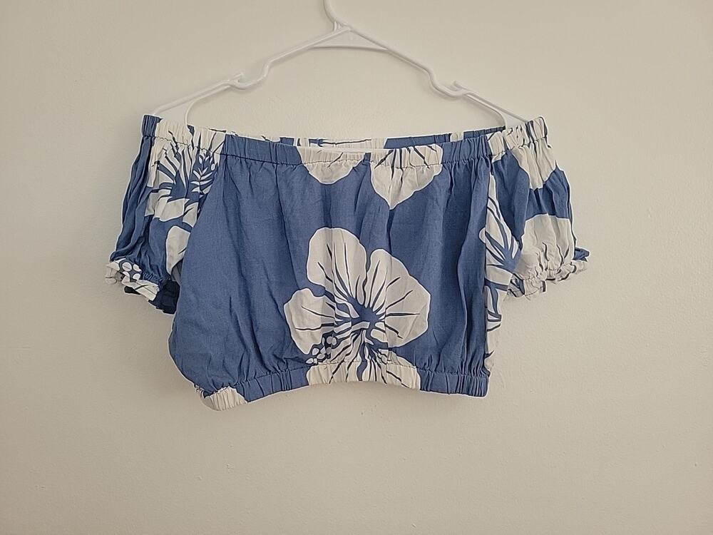 Turks And Caicos Off The Shoulder Floral Crop Top Womens Medium Blue White Puff